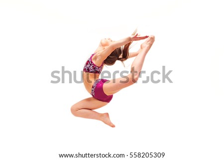The teenager girl doing gymnastics exercises isolated on white background