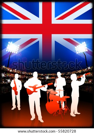 Britain Live Music Band on Stadium Concert Background with Flag Original Illustration