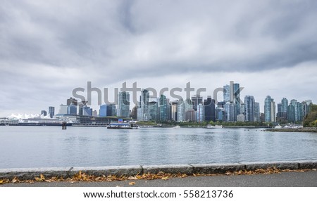 A view of Vancouver British Columbia Canada as seen from Stanley Park on an overcast day.