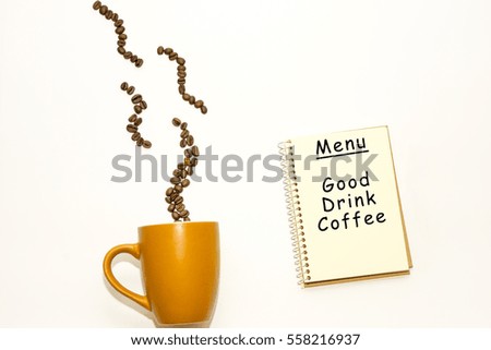 Coffee cup, coffee beans, book and text on white backgound