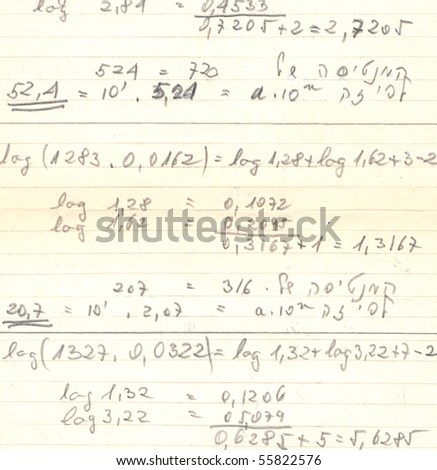 Old exercise book paper with mathematical formulas and calculations useful as background