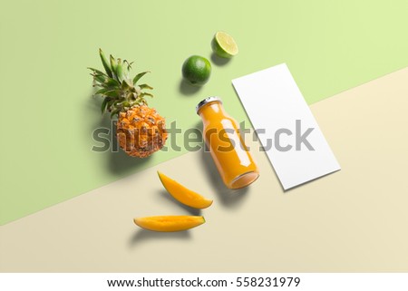 Healthy eating, organic fresh fruits, mango, pineapple, lime, juce bottle and flyer template, isometric view Royalty-Free Stock Photo #558231979