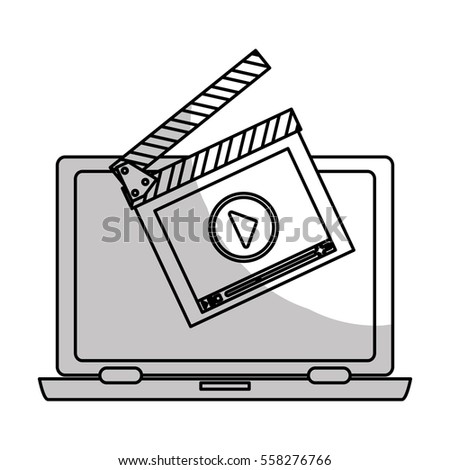 laptop computer with video player button on screen over white background. entertainment and technology design. vector illustration