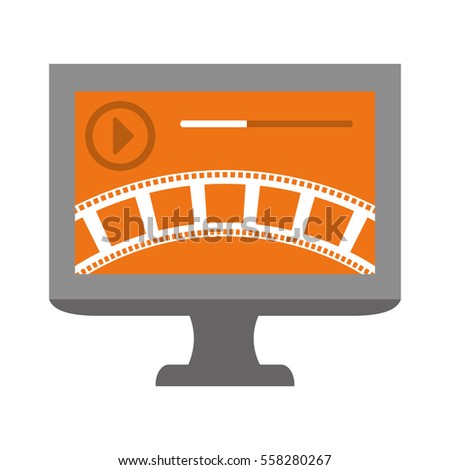 monitor computer with video player button on screen over white background. entertainment and technology concept. colorful design. vector illustration