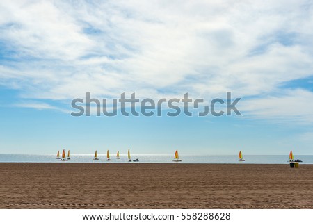 Wide sandy Mediterranean beach with fleet of small yachts with bright sails just off shore in learn to sail lessons, Colombiers, France. Royalty-Free Stock Photo #558288628