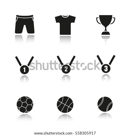 Sport equipment drop shadow black icons set. Soccer, basketball and tennis balls, gold, silver and bronze medals, winner's cup, sport uniform. Isolated vector illustrations