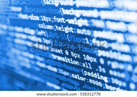 WWW software development. CSS, JavaScript and HTML usage. Software engineer at work. Javascript functions, variables, objects. Programming code on computer screen. IT business.  SEO optimization. 
