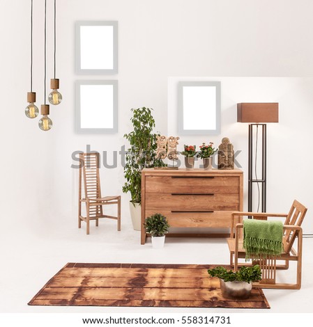 natural wood furniture white wall decor, modern lamp and frame