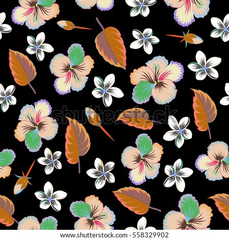 Aloha hawaiian shirt seamless pattern. Hibiscus in beige, blue and orange colors on a black background.