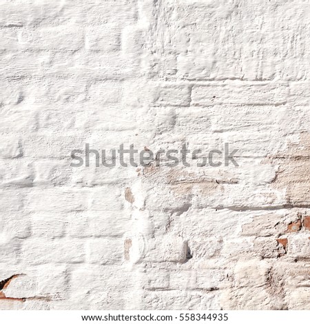 Abstract Red White Stonewall Urban Texture. Old Red Brick Wall With Shabby Damaged White Plaster.  Painted Whitewashed Brickwall Grungy Background. Stonework Square Frame Grunge Empty Wallpaper.