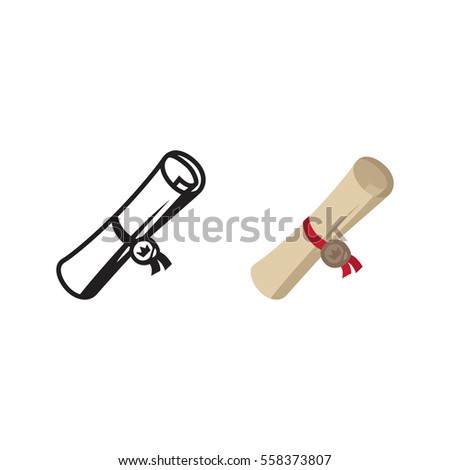 Medieval scroll icon and silhouette isolated on white background. Vector illustration.