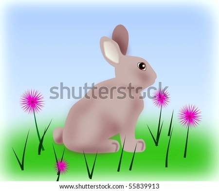 A rabbit sitting in  meadow with flowers.