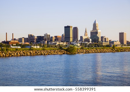 Cleveland skyline seen from Lake Erie. Cleveland, Ohio, USA.