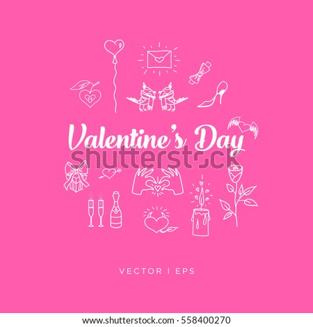 Hand drawn illustration romantic set, St Valentine day lettering. Birds couple, rose, champagne glass, candle, heart balloon, gift box, envelope, bow tie, heart, apple, high heel shoe, love concept.