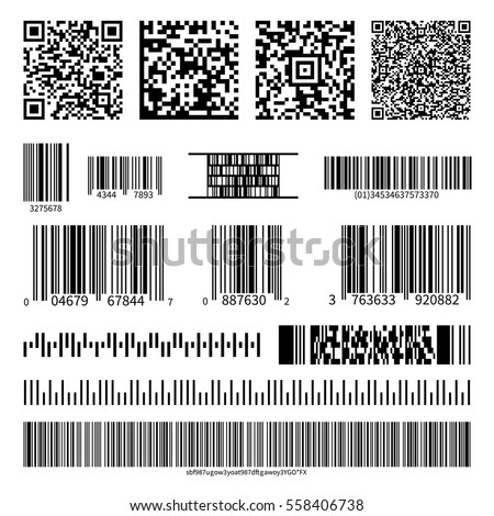 Business barcodes and QR codes vector set. Black striped code for digital identification, illustration of monochrome design qr code.