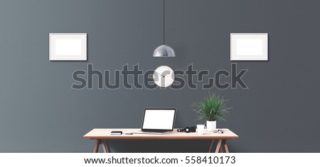 Laptop display and office tools on desk. Laptop screen isolated. Modern creative workspace background. Front view