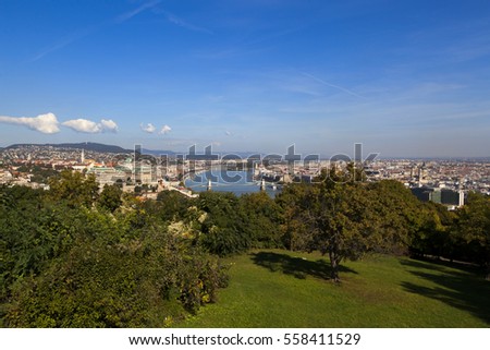 Panoramic view from the  Gellert Hill  Budapest Hungary. The center of the city is  listed by UNESCO as  World Heritage site, and was first completed in 1265. The Castle District is full of history. 
