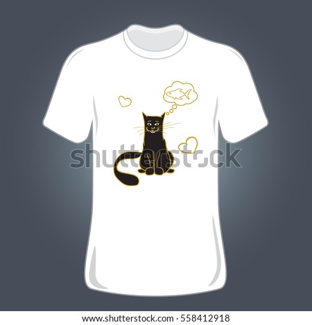 T-shirt design with black cat, fish, and hearts. It can be used as a decoration over textile, as an illustrations for sticker, and others.