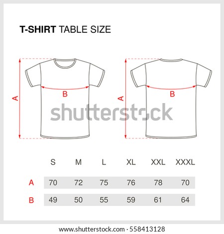 Table size. T-shirt  men's. Front and back views. Vector illustration. 