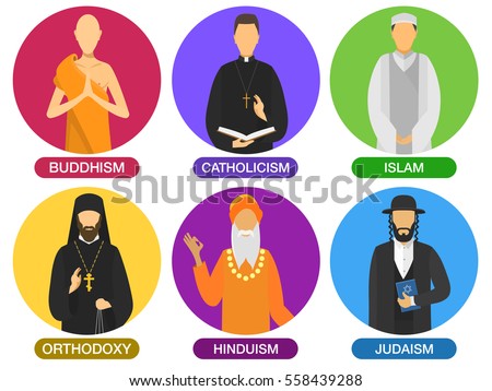 Set of religion ministers avatar icons. culture symbol. traditional people portraits cartoon. group of buddhism, catholicism, islam, orthodoxy, hinduism, judaism religions. vector religion flat design Royalty-Free Stock Photo #558439288
