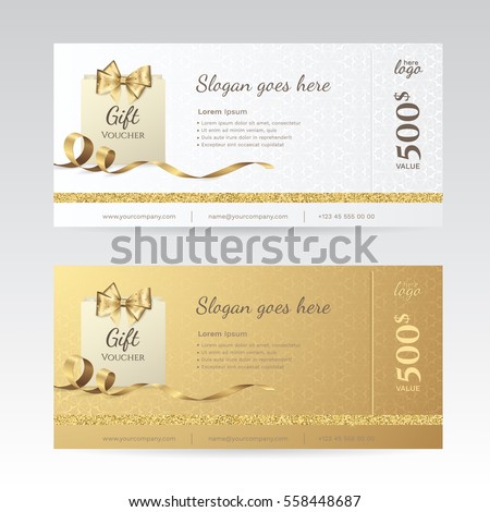 Set of elegant shiny gift voucher with golden bow, ribbon and paper shopping bag. Vector template for gift card, coupon and certificate with ornate background. Isolated from the background Royalty-Free Stock Photo #558448687