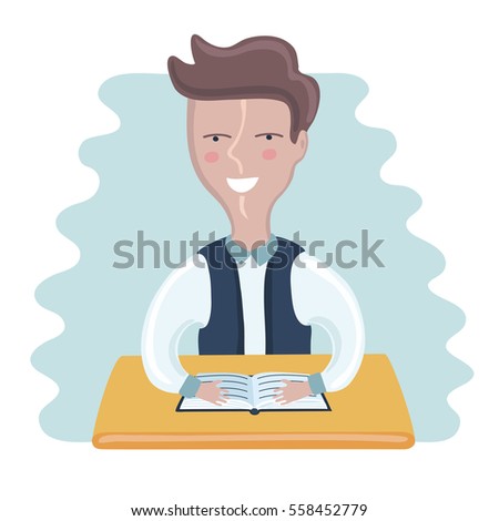 Vector funny illustration of cartoon school boy sitting at the desk an book in front of him