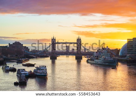 Tower Bridge at sunrise, landmark of London, UK