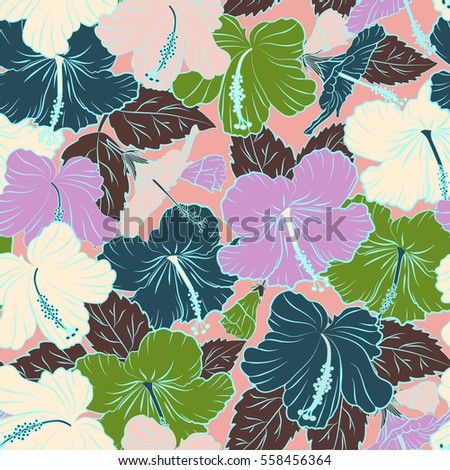 Seamless pattern in blue and pink colors. Vector hand drawn painting of blue and pink hibiscus flowers.