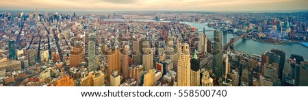 Cityscape of New York. Panoramic view of Manhattan and Brooklyn Bridges.