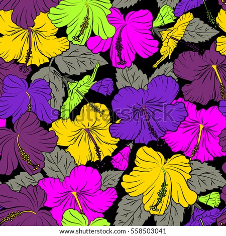 Seamless tropical flower, hibiscus pattern. Illustration in purple, yellow and violet colors on a black background.