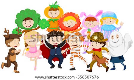Kids dressing up in different costumes illustration