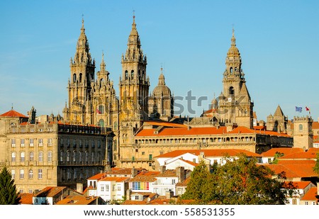 View of the Cathedral from the Alameda Park in Santiago de Compostela, Galicia, Spain Royalty-Free Stock Photo #558531355