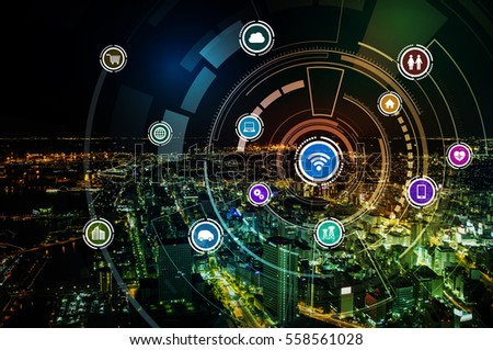 modern cityscape and various device symbol icons, wireless communication network, Internet of Things, Smart City, Smart Grid, abstract image visual