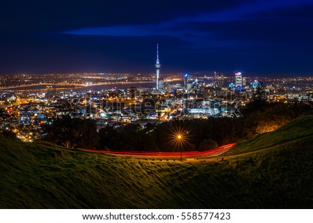 View of Auckland City Skyline at Night from Mt Eden Summit | Auckland, NEW ZEALAND Royalty-Free Stock Photo #558577423