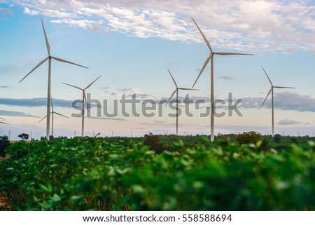 Wind turbine farm - Environment friendly. Sustainability development. Alternative and renewable energy.