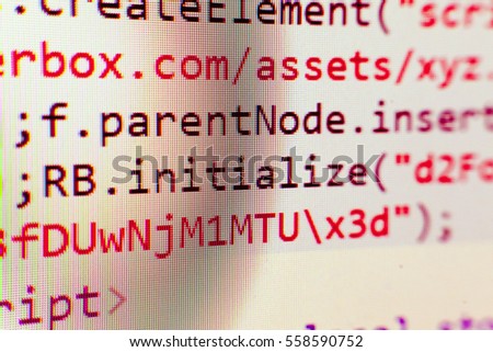 HTML code developing. Abstract web site source listing with colored syntax. Image with blur, pixels and moire rainbow effect