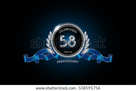 58 years silver anniversary celebration logo with red ribbon , isolated on dark background