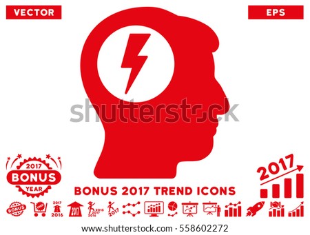 Red Brain Electric Shock pictograph with bonus 2017 year trend pictograph collection. Vector illustration style is flat iconic symbols, white background.
