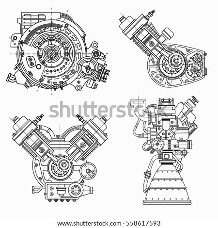 A set of drawings of engines - motor vehicle internal combustion engine, motorcycle, electric motor and a rocket. It can be used to illustrate ideas of science, engineering design and high-tech Royalty-Free Stock Photo #558617593