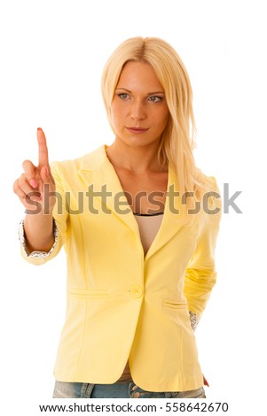 curiosity - business woman pressing a button on a transparent board isolated over white background
