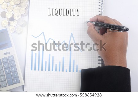financial report text conceptual with man writing on white notes,stack of coins,graphs and calculator. concept of finance,citation, info, testimonials, notice, textbox. flat