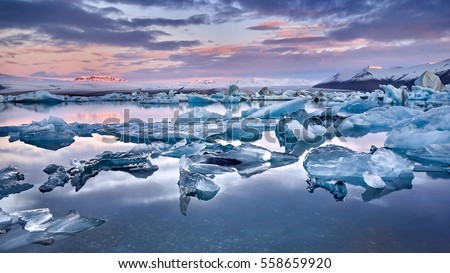 Iceland, Jokulsarlon lagoon, Beautiful cold landscape picture of icelandic glacier lagoon bay, 