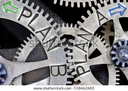Macro photo of tooth wheel mechanism with imprinted arrows and PLAN B, PLAN A concept words