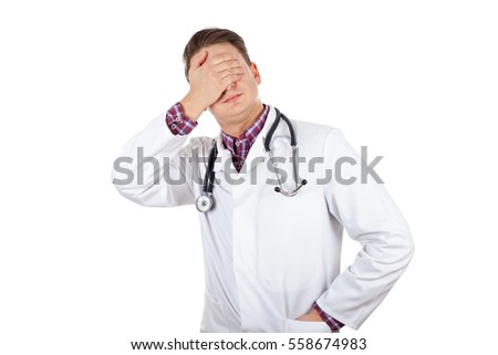 Picture of a young doctor being worried - isolated background