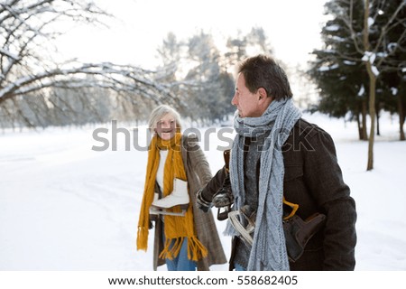 Senior couple in sunny winter nature going ice skating.