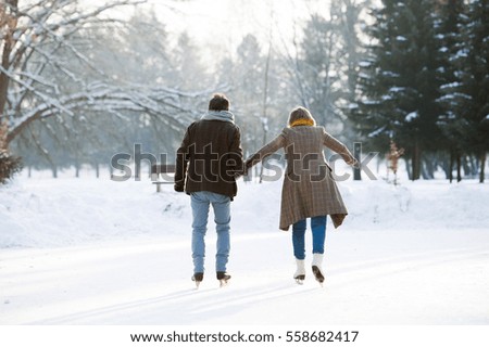 Senior couple in sunny winter nature ice skating, rear view.