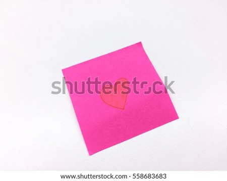 Pink Note with hand drawing heart on white background