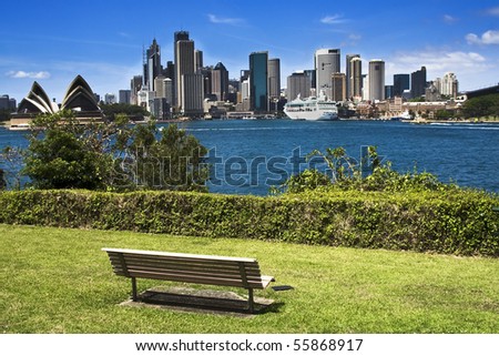 Sydney australia city panorama view from milsons point park bright summer day green plants and blue sky Royalty-Free Stock Photo #55868917