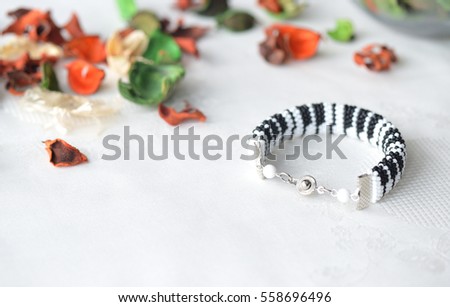 Beaded crochet bracelet like piano keyboard close up
