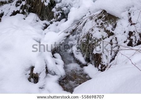 Stream of water in river covered by snow during winter. Slovakia